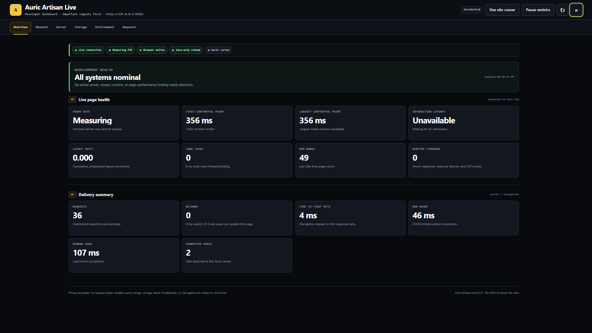 In-page developer dashboard