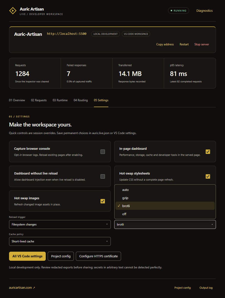 Auric Live settings with session controls and an open OneDrop compression menu