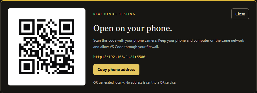 Inline phone QR card with a demonstration LAN address and connection guidance