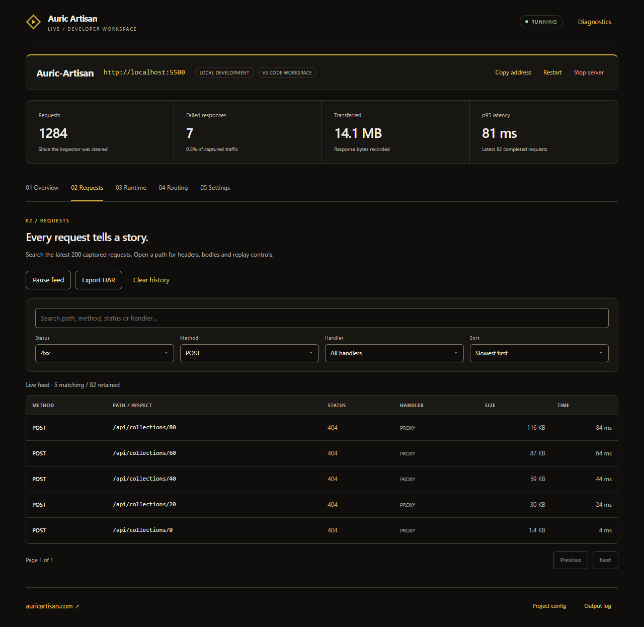 Request inspector with combined filters, response status, handler, size and timing