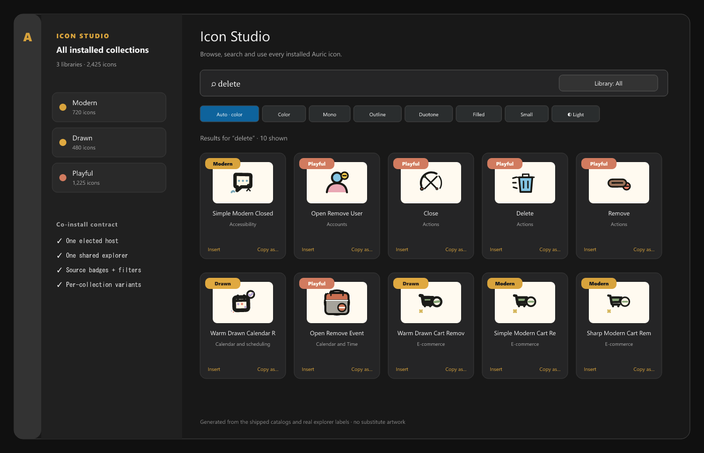 Three co-installed Auric collections in one Icon Studio