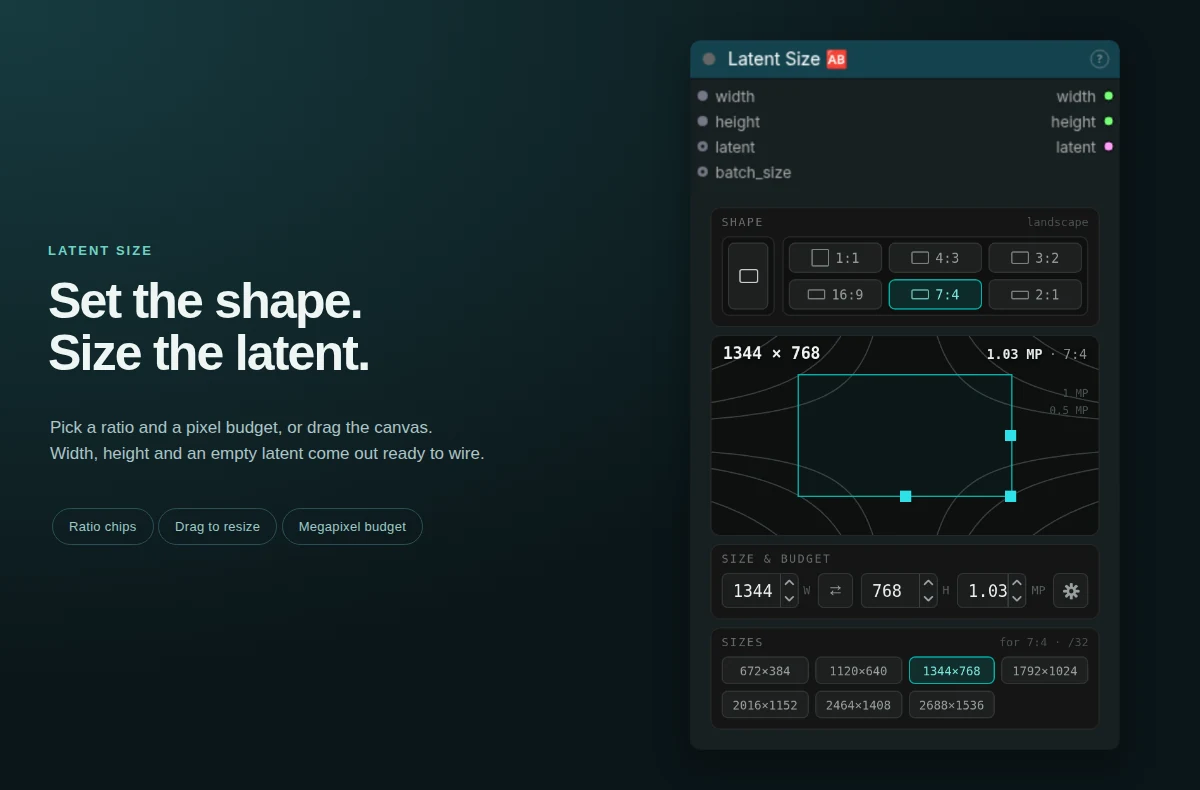 Latent Size with a 1344 by 768 landscape canvas, its ratio chips, and the size and megapixel controls.