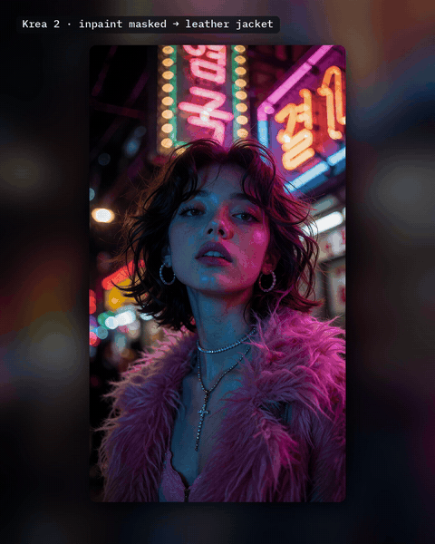A woman in a pink fur coat under neon signs; a wipe turns the coat into a black leather jacket and leaves the rest of the picture as it was.