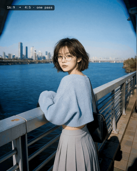 A 16:9 photo of a woman at a waterfront railing is padded to 4:5, and Krea 2 fills in more sky above and the railing below.