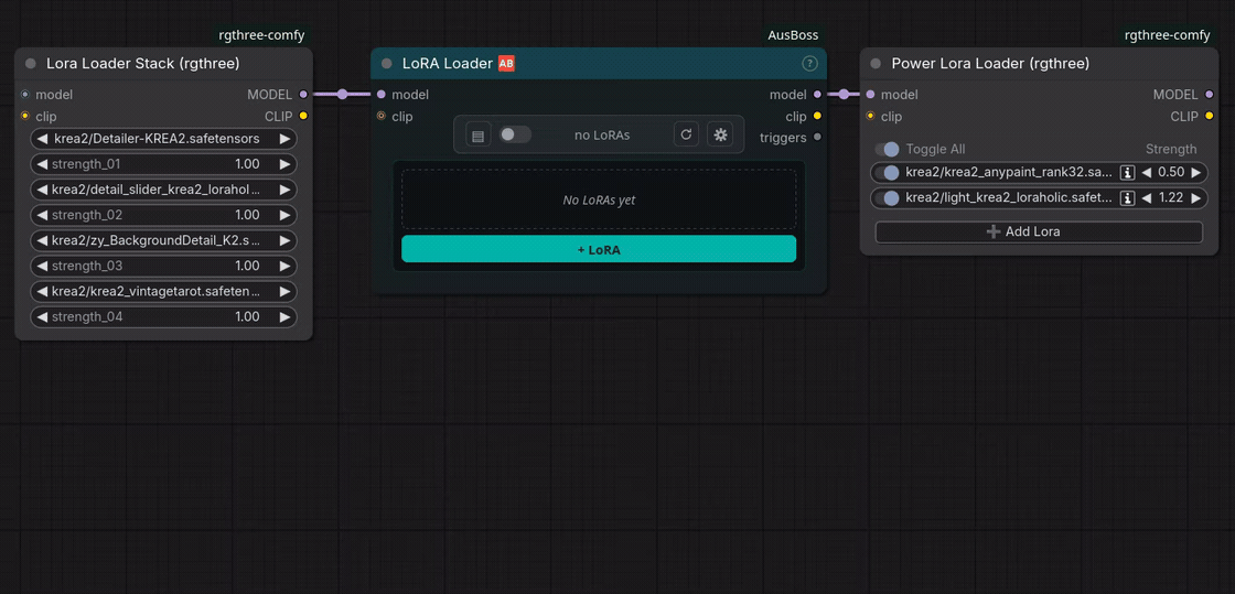 LoRA Loader absorbs a connected LoRA chain, shows strength changes while scrubbing, and restores the previous toggle selection.