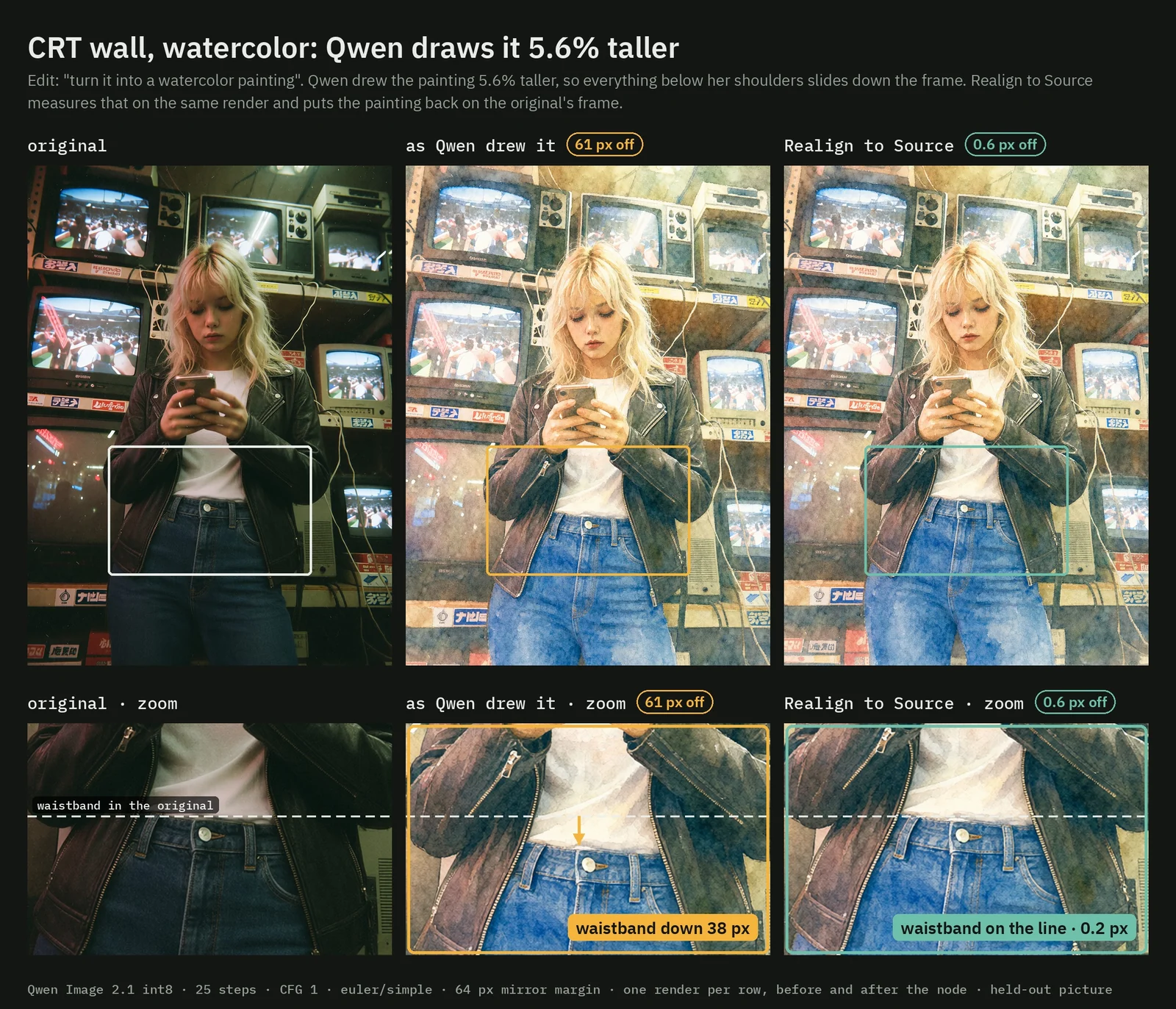 Chart titled CRT wall, watercolor: Qwen draws it 5.6% taller, showing the original, the edit as Qwen drew it (61 px off) and the realigned edit (0.6 px off), with close-ups of the waistband.