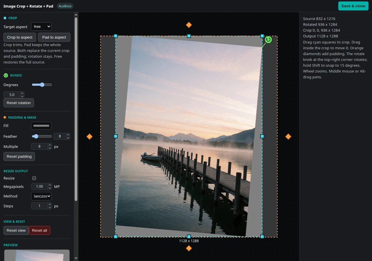The full-screen image editor with a rotated lake photo, cyan crop handles, orange padding handles, aspect ratios, and dimension controls.
