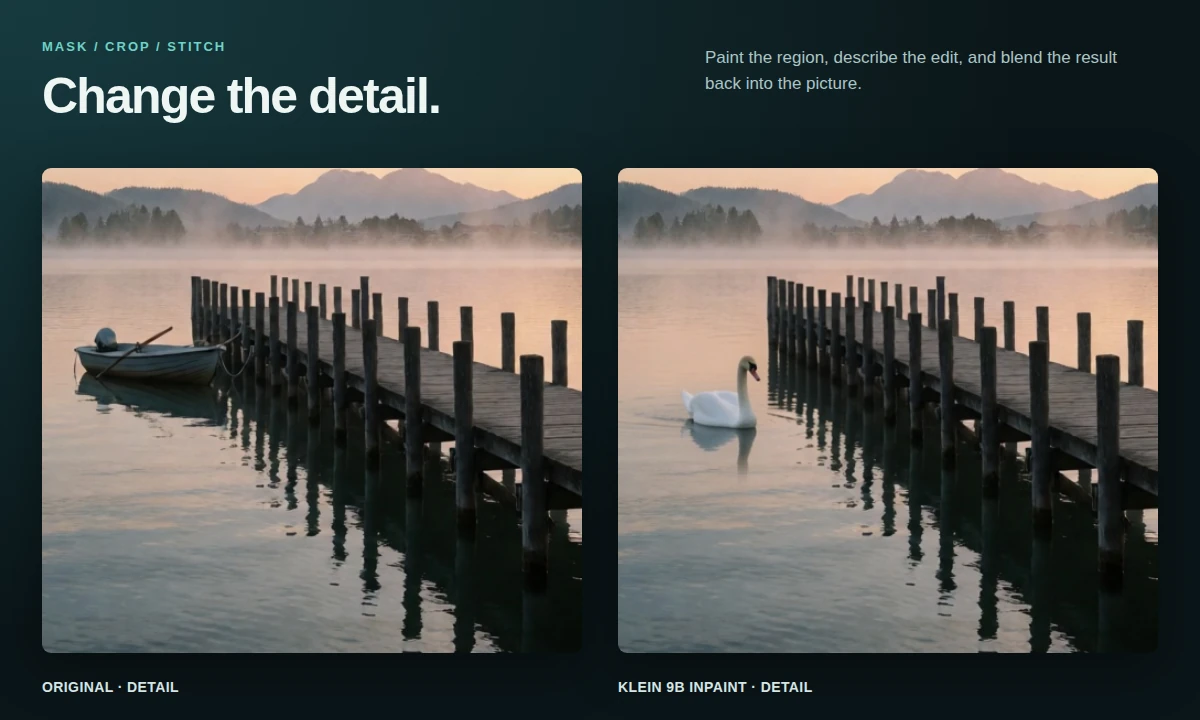 Close-up comparison of a rowboat beside a pier before inpainting and a white swan in its place afterward.