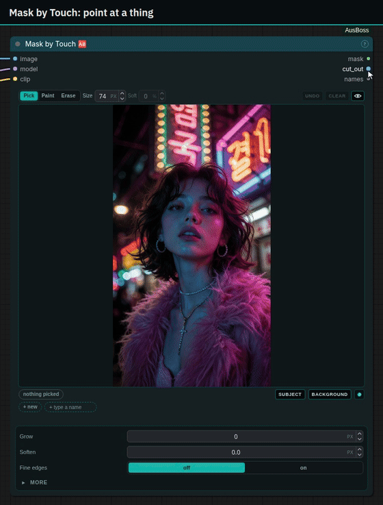 Mask by Touch on a photo of a woman in a pink fur coat under neon signs: pointing lights up her face, hair and coat, clicks pick the coat and the hair, the eye shows the cut-out, and Subject with Fine edges cuts out the whole person with every strand of hair.