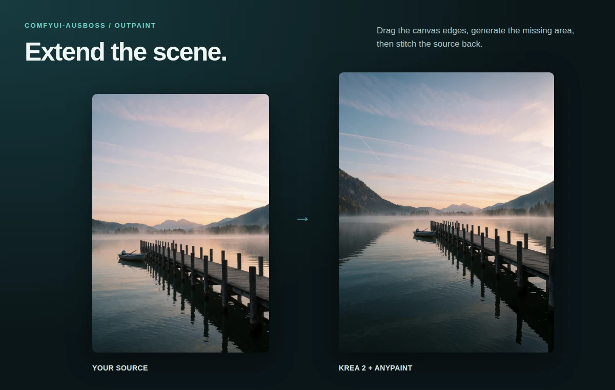 A narrow lakeside pier photo expanded into a wider mountain-and-lake scene with Krea 2 outpainting.