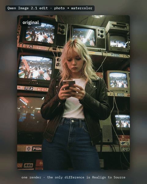 A Qwen Image 2.1 watercolor edit of a woman in front of a wall of old TVs, flipped against the original: without Realign the waistband and a shelf edge sit lower (61 px off), with Realign to Source they line up (0.6 px off).