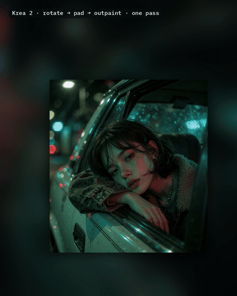 A night photo of a woman leaning out of a car window is turned and padded, and Krea 2 fills the new space with more of the street.