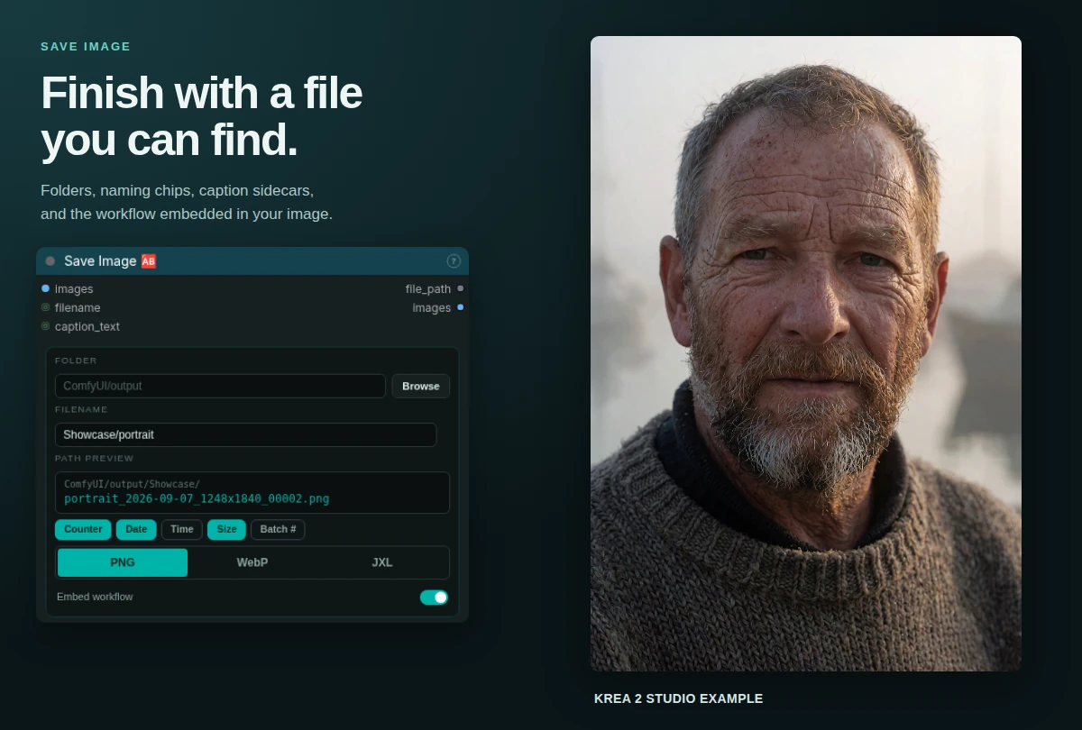 The Save Image card with date and size naming chips beside a detailed fisherman portrait from the Krea 2 Studio workflow.
