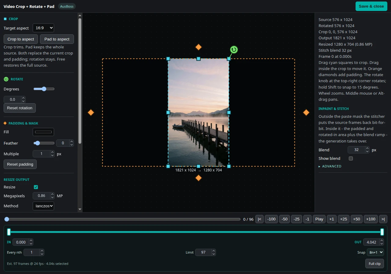 The full-screen video editor with a portrait clip padded to landscape, an Inpaint and Stitch panel, and a timeline with IN and OUT handles.