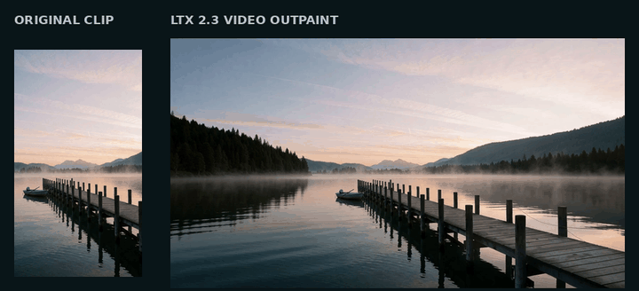 Animated comparison of a vertical pier clip and its wider LTX 2.3 outpainted result, showing the added lake and shoreline.