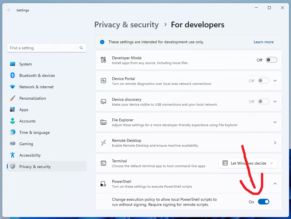 Powershell Developer Settings