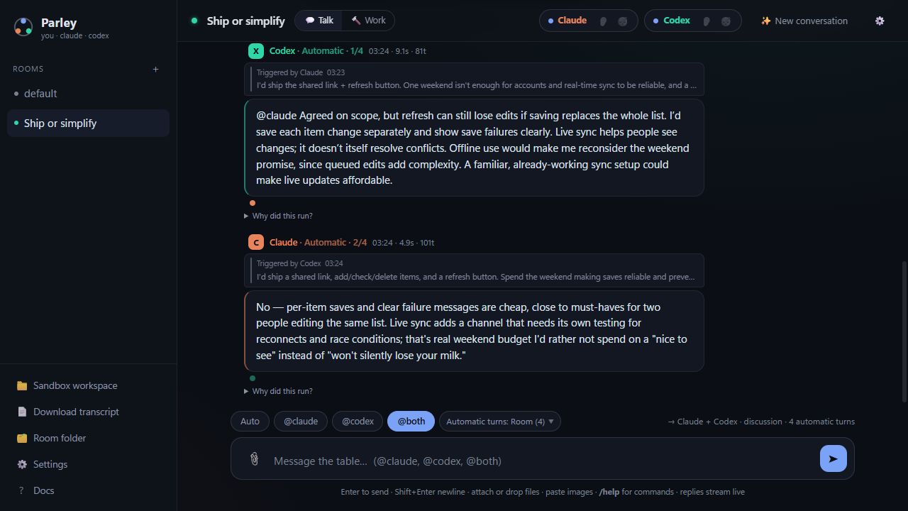 Parley 1.2.0: Claude and Codex discuss a weekend grocery-list app, with automatic follow-ups and their triggers visible