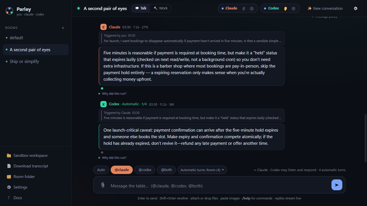 Parley 1.2.0: Claude answers a booking-policy question; Codex, lurking, flags a late-payment race