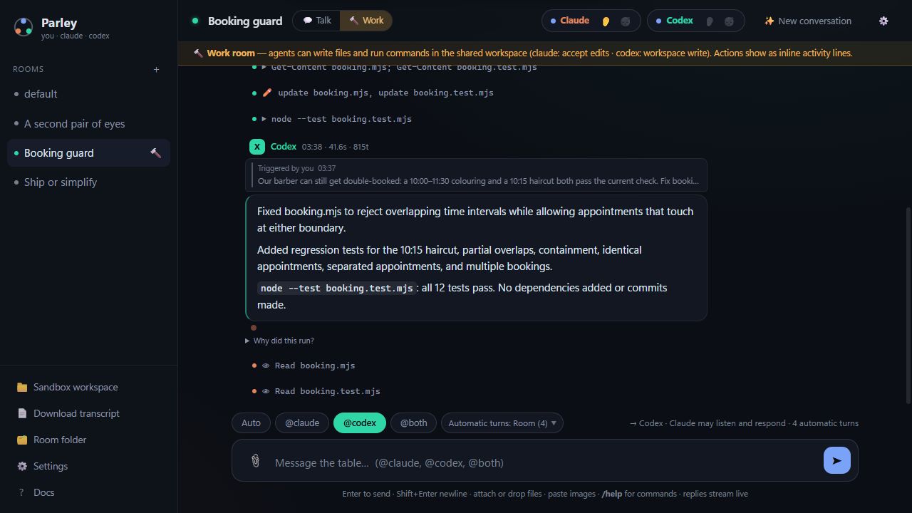 Parley 1.2.0 Work mode: Codex edits a booking guard and runs 12 passing tests while Claude reads the changed files