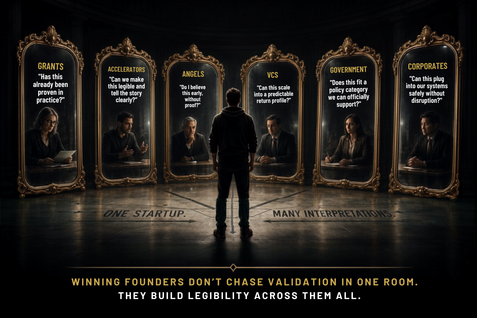 The Hall of Mirrors framework — one founder facing six stakeholder rooms each interpreting the same startup differently. Winning founders don't chase validation in one room. They build legibility across them all.