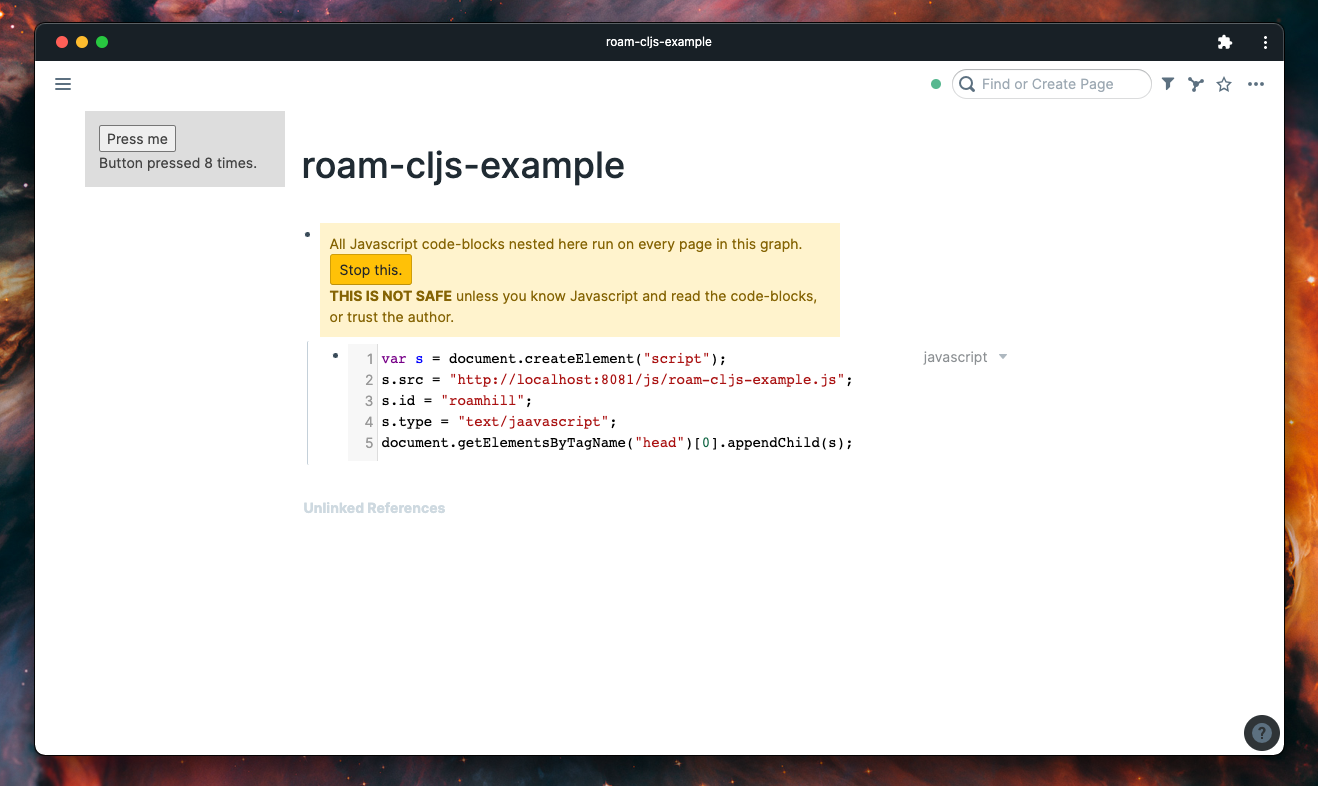 roam-cljs-example test page in roam