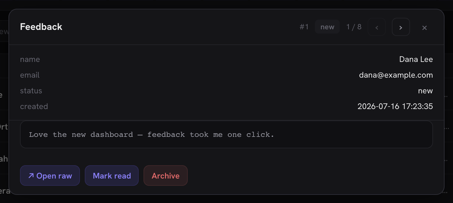 A detail modal from detailRoute: key/value rows, the messageKey block, prev/next stepping and action buttons (the off-site one marked ↗)