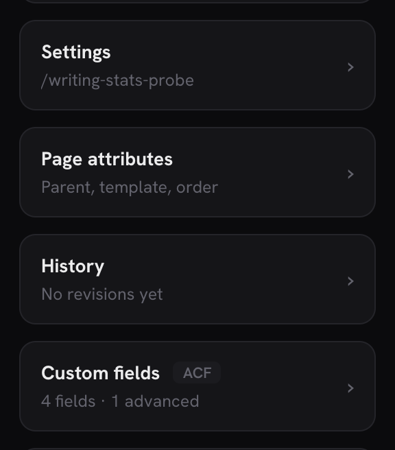The editor sidebar door stack, ending with a plugin panel door: Custom fields · ACF, 4 fields · 1 advanced