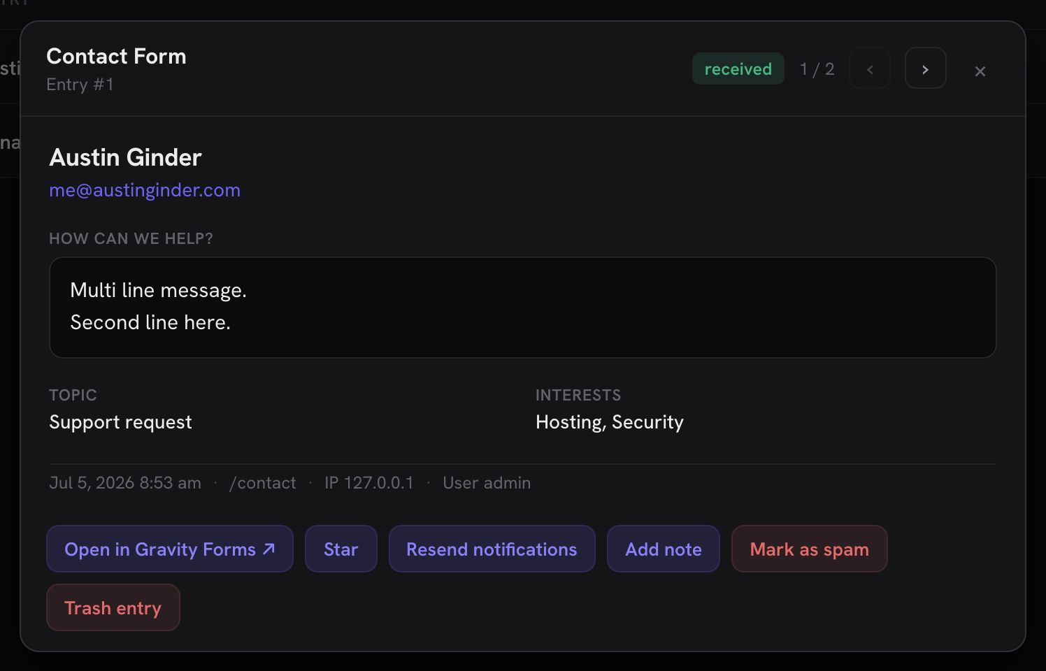 The contact-card entry detail: sender hero, message block, labeled answers, submission meta line and entry actions