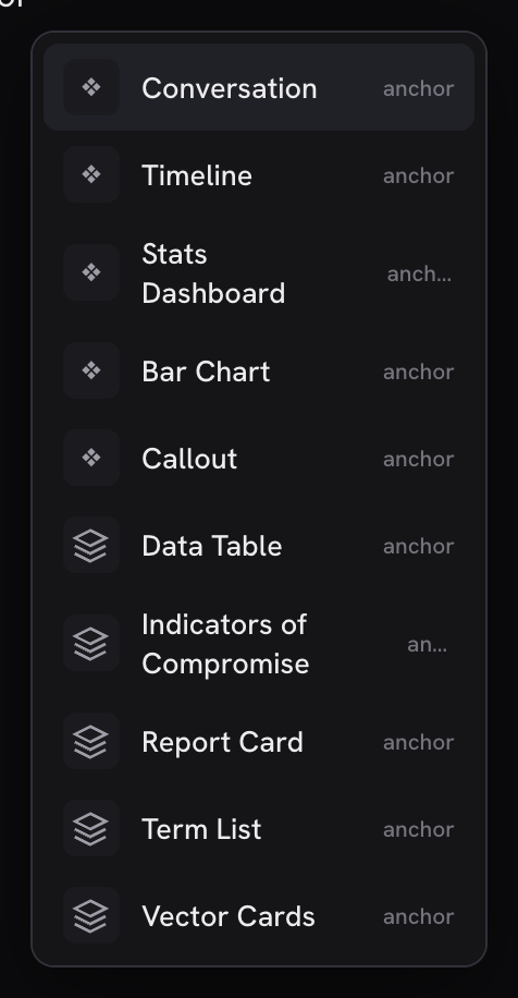The slash menu filtered to one plugin's entries, each carrying its namespace badge