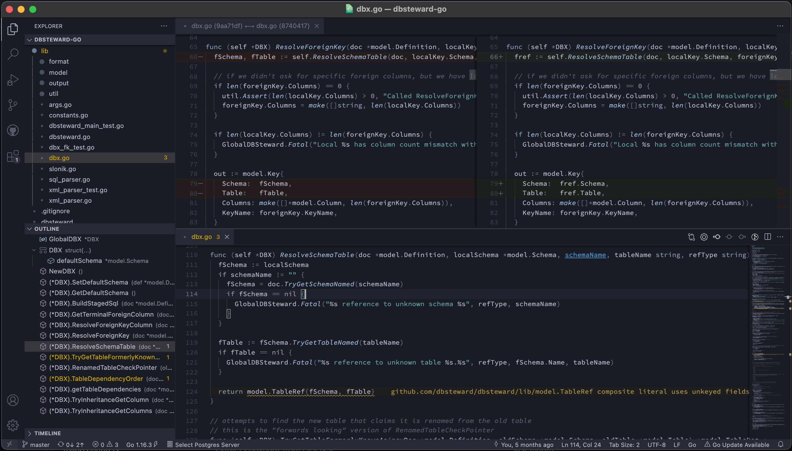 Screenshot of Go, diff view, and Error Lens in github.com/dbsteward/dbsteward-go