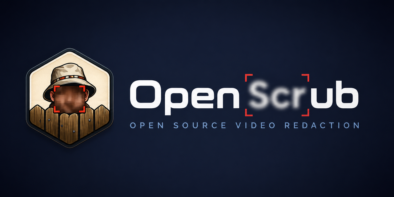 OpenScrub — the bucket-hat figure behind a fence, face pixelated, next to the OpenScrub wordmark