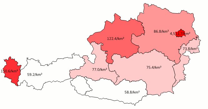 Choropleth map of the population of Austria by NUTS2 regions