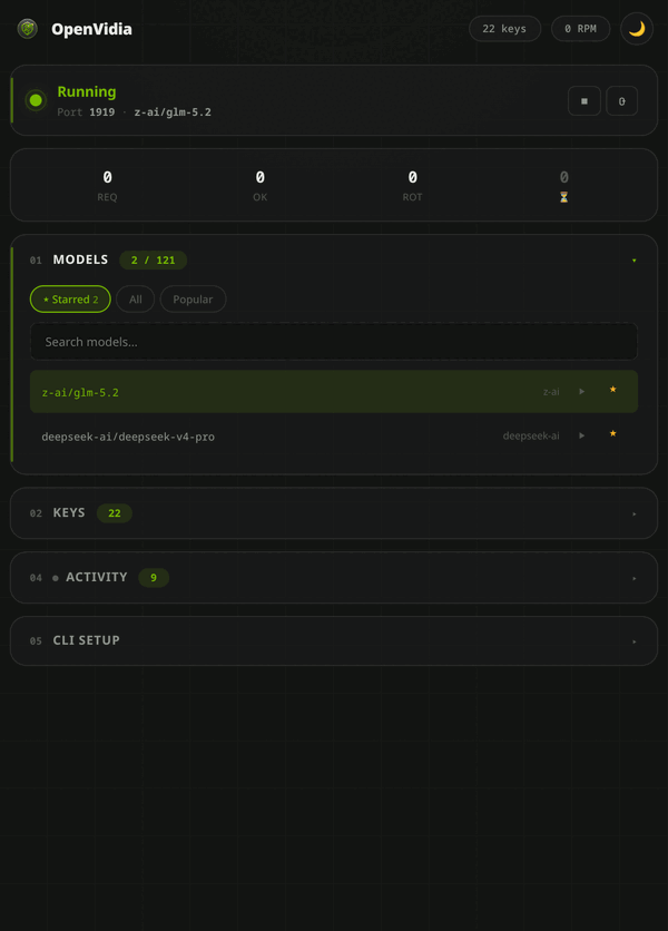 OpenVidia dashboard — pooled keys, ★ Starred model shortlist, live activity log