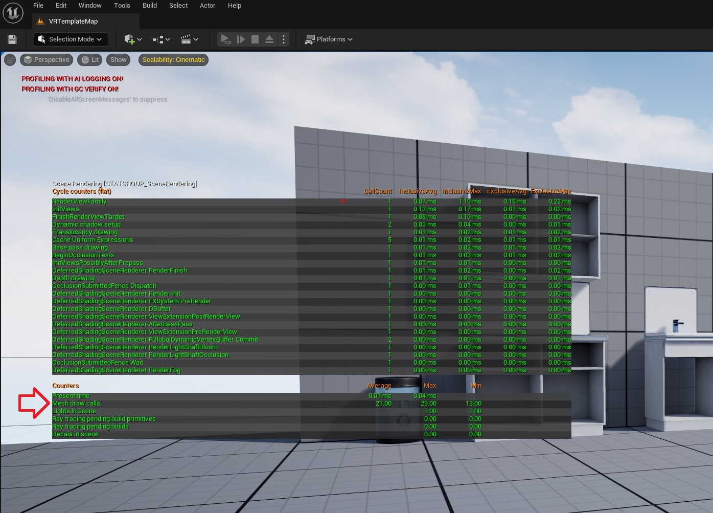 An image of Unreal Engine 5 UI displaying the draw call count