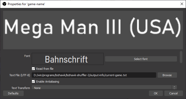 An example of an OBS text source properties window demonstrating how to use the output files generated by the Bizhawk shuffler.