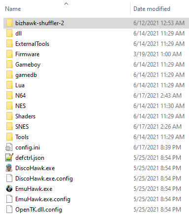 Demonstrating the bizhawk-shuffler-2 folder inside the Bizhawk installation directory.