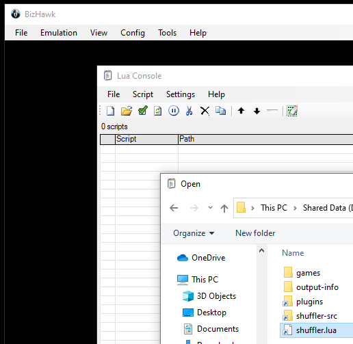 Demonstrating opening the script from the Lua Console inside Bizhawk.