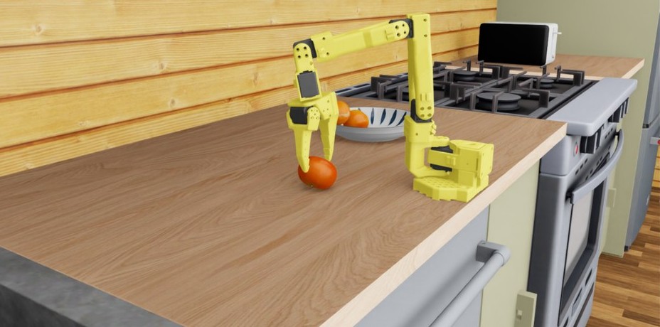 An SO-101 arm picking oranges in Isaac Sim