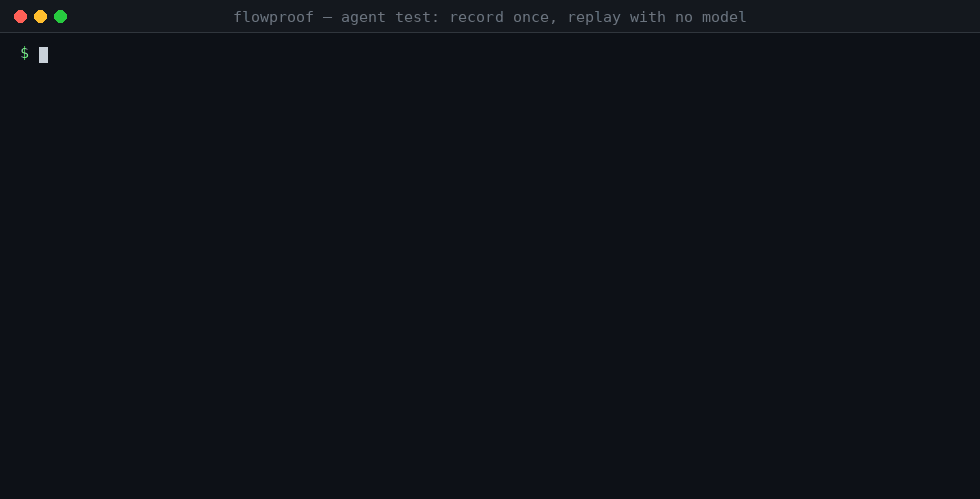 An agent flow: a short YAML spec, one flowproof record against a model, then flowproof run replaying it to PASS with zero model calls