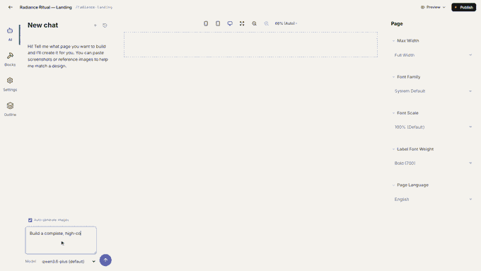 Typing a prompt in the Autonnel editor and watching it compose a landing page from real components