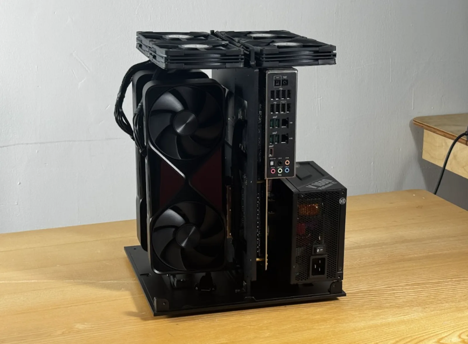 The 2× 6000 build — two RTX PRO 6000s on the open frame with the fan tray on top
