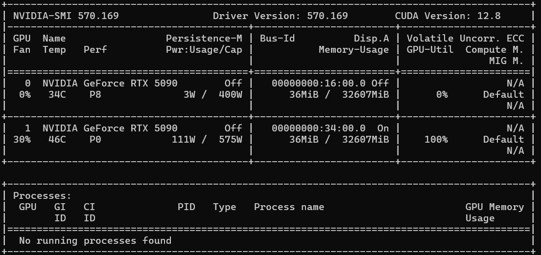 nvidia-smi with both RTX 5090s detected