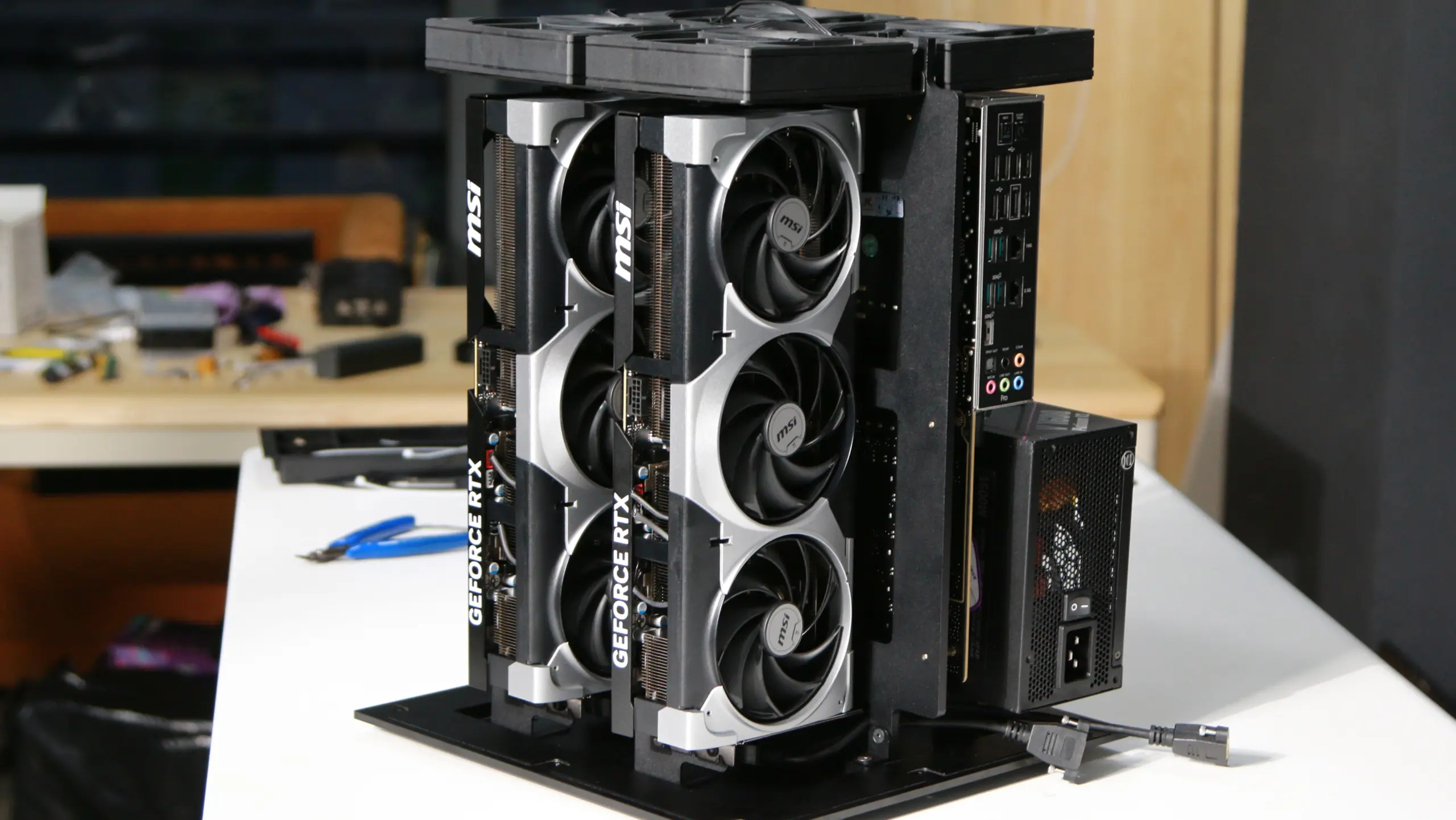 The 2× 5090 build — two RTX 5090s on the open frame