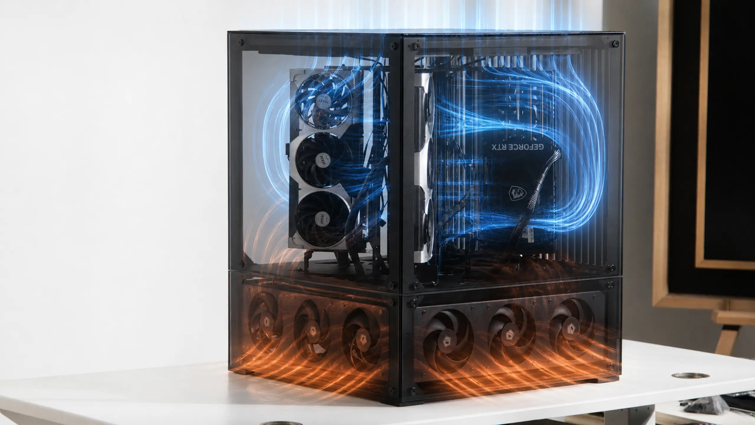 The 4× 5090 build — four RTX 5090s in the cube housing