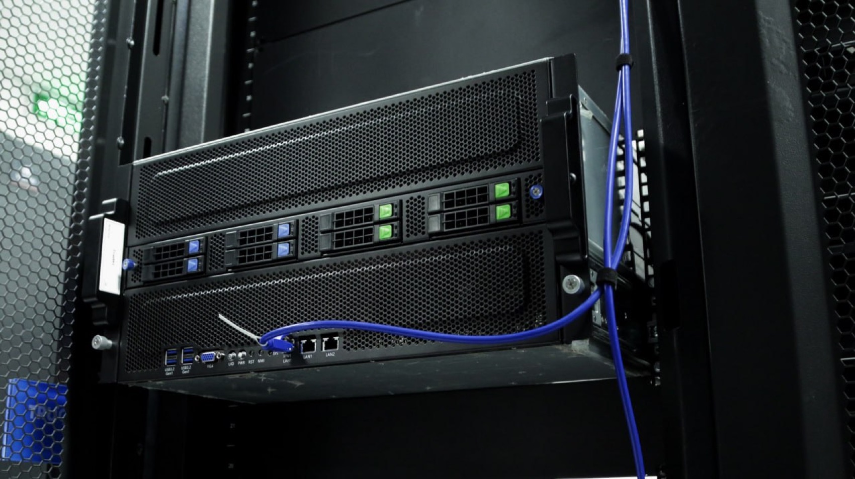 The 4× 6000 build racked — 5U chassis in the server rack