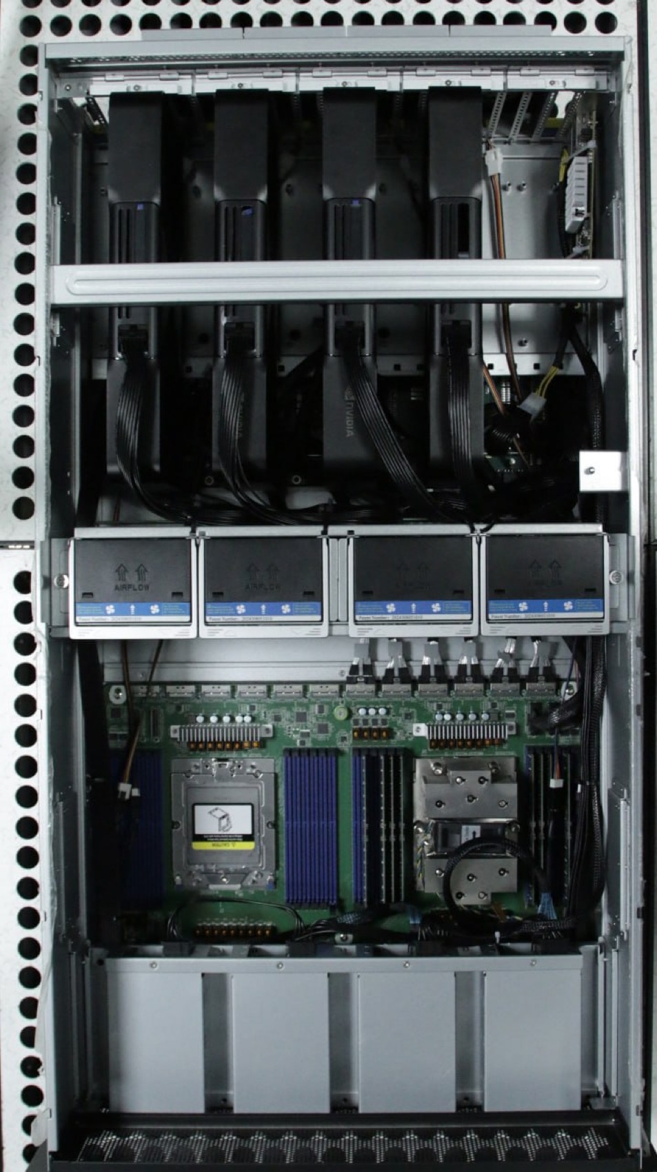 Full chassis interior — GPUs, fan wall, dual-SP5 board