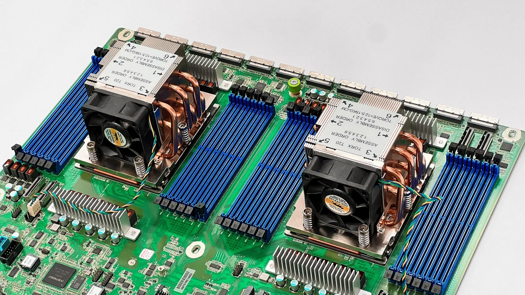 The dual-EPYC (Genoa) board — two SP5 sockets and twenty-four DIMM slots
