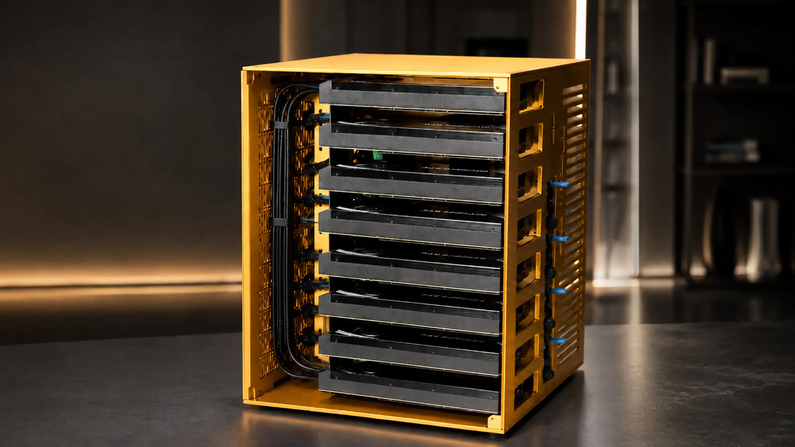 The 8× 5090 build — eight GPUs in the anodized aluminum housing