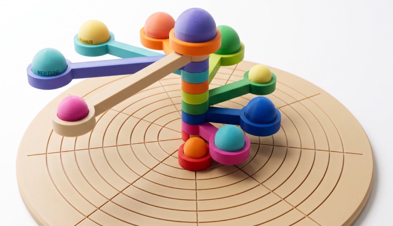 A solar system with its orbits engraved