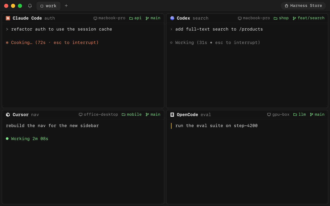 Four agents working at once in one window: Claude Code and Codex on a MacBook, Cursor on an office desktop, OpenCode on a GPU box. Each pane shows its machine, project and branch.